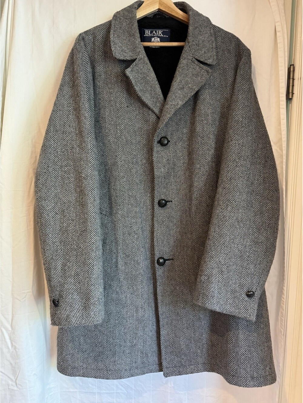 RARE Vintage USA Blair Men's Gray wool Herringbone fleece lined Overcoat